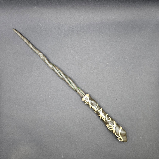 Hogwarts Legacy inspired Spiral Green Grey & Botanical Gold Leaf Wand