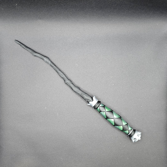 Hogwarts Legacy inspired Crooked Spiral Dark Grey & Checkerboard Teal Wand