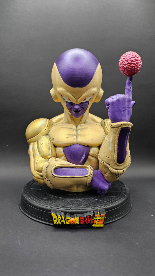 A collectible bust statue of the Dragon Ball character Frieza, featuring his signature purple skin and gold armor, holding a pink brain on a finger, mounted on a black circular base with a 'Dragon Ball' logo.